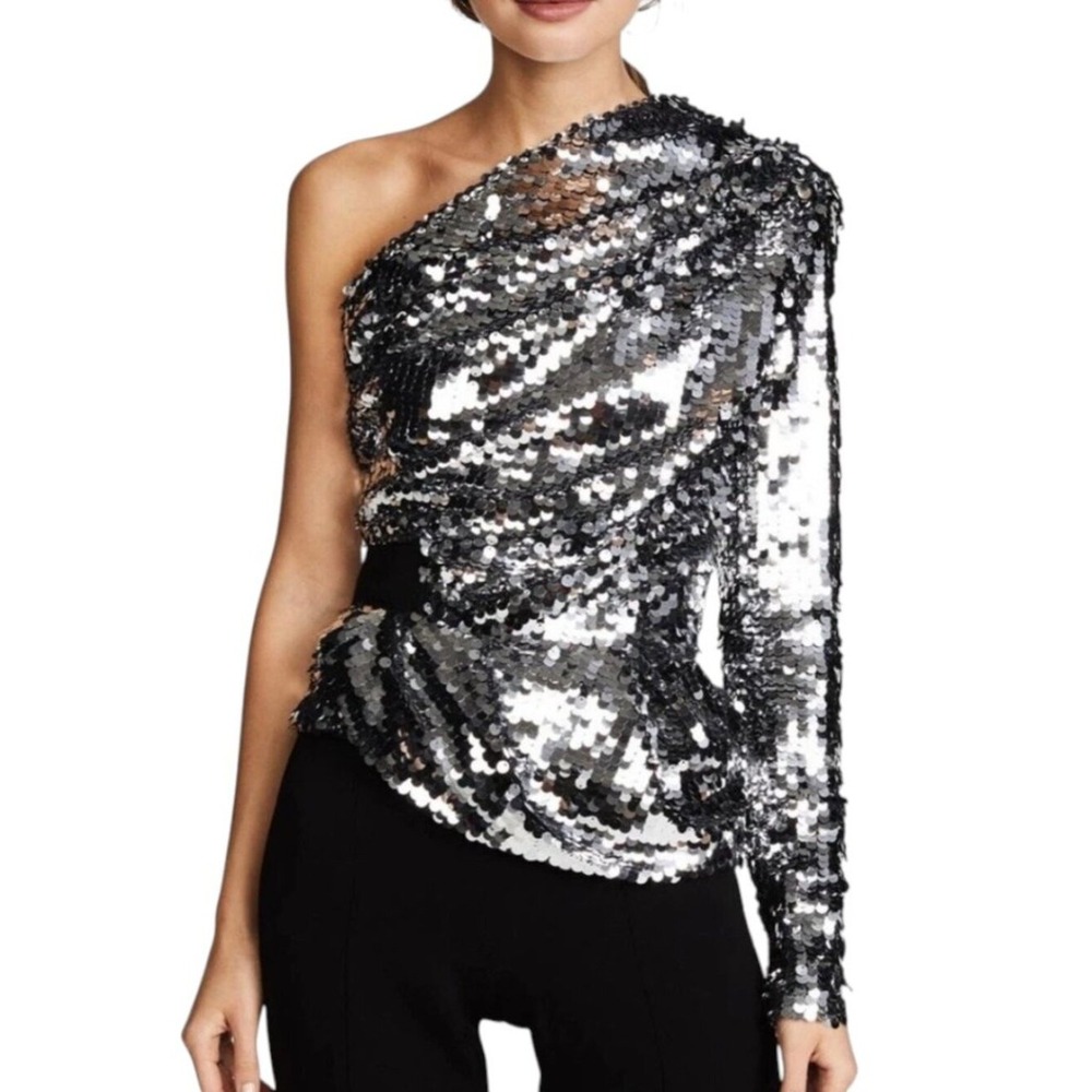 Carven One Shoulder Sequin Blouse Womens 4 Silver Black Statement Party Top